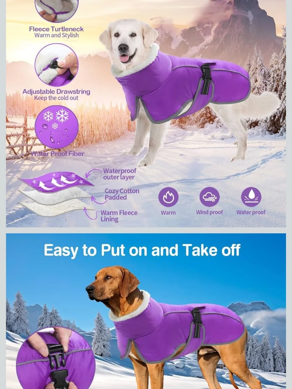 Purple Fleece-Lined Dog Winter Coat - Brand Unknown